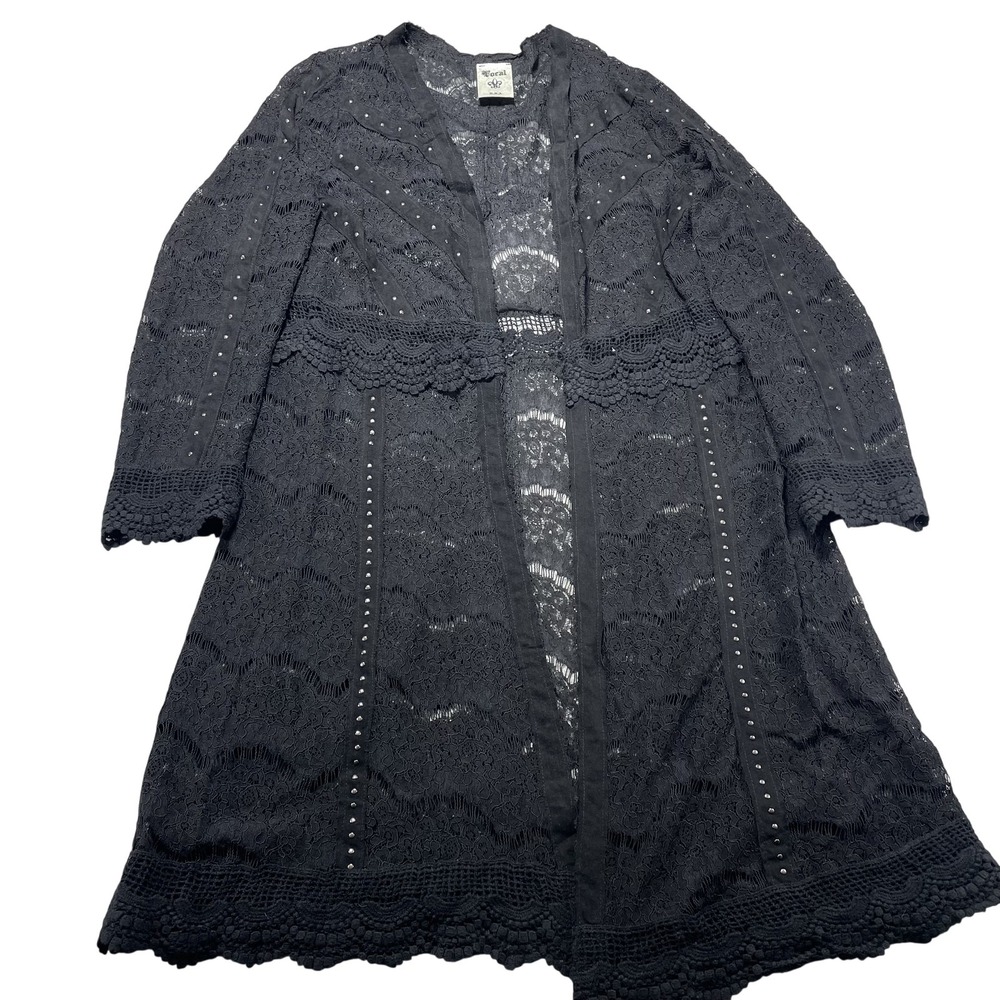Vocal Jacket Womens XL Black Lace Kimono Duster Open Front Sheer Studded Boho